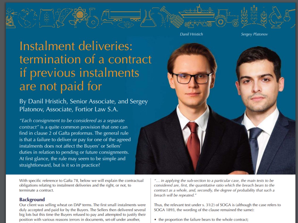 Instalment deliveries: termination of a contract if previous instalments are not paid for